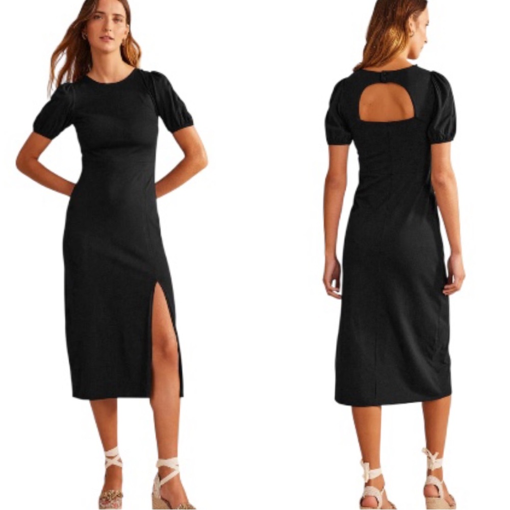 LN Boden Black Short Puff Sleeve Cutout Back Detail Jersey Knit Midi Dress - 4 P